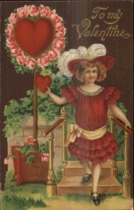 Valentine - Pretty Little Girl Deep Red Dress Heart Plant #15895 Postcard