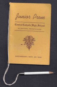 1941 CENTRAL CATHOLIC HS JR PROM DANCE PROGRAM W/PENCIL, ATTACHED, ALLENTOWN PA