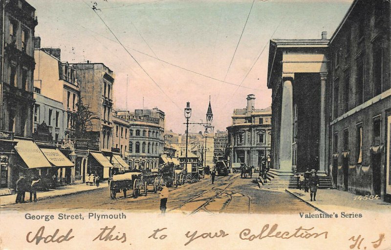 George Street, Plymouth, England, Early Hand Colored Postcard, Used in 1904