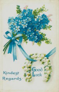Flower Covered Horseshoe Good Luck, Blue Flowers, Embossed Litho Postcard