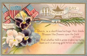 US Patriotic Memorial Day Greetings Pansy Flowers Flag embossed postcard B987