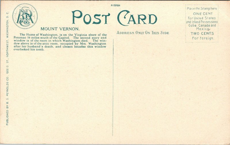 Vtg George Washington's Mansion Mt Vernon Virginia VA Postcard