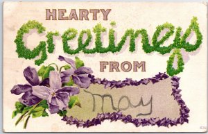 VINTAGE POSTCARD HEARTY GREETINGS FROM MAY EMBOSSED RAISED c. 1910