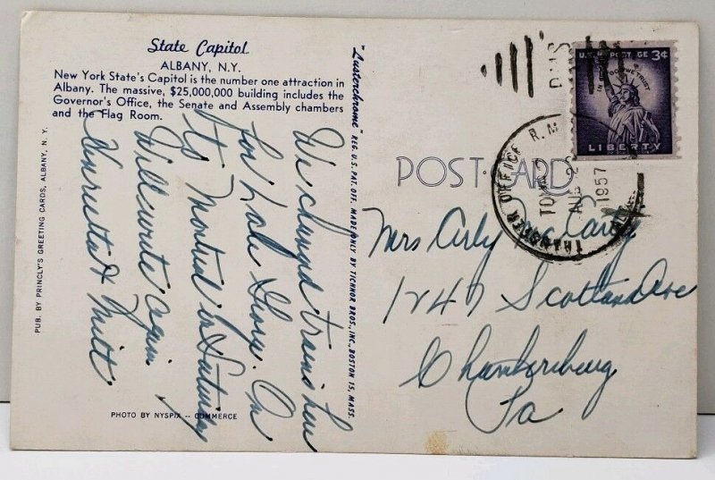 Albany NY State Capitol to Chambersburg Pa Postcard E16