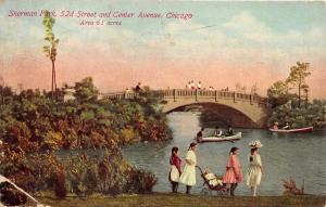 Chicago Illinois~Sherman Park~Bridge~Boats~Girls w Baby Carriage~1911 Postcard