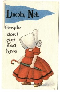 Postcard Sunbonnet Baby Girl Lincoln Nebraska People Don't Get Sad Here