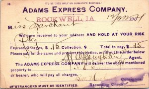 Postcard 1904 Adams Express Company in Rockwell, Iowa~4539 