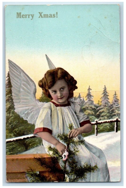 1911 Christmas Pretty Angel Curly Hair Pine Tree Winter Snow Antique Postcard 