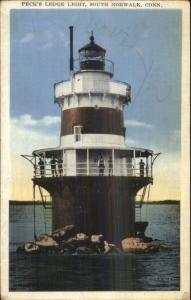 South Norwalk CT Peck's Ledge Lighthouse c1920s-30s Postcard