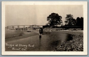 Postcard RPPC c1920s Forest Ontario Bridge at Stoney Point Old Car