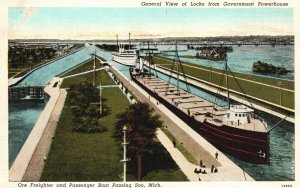 Vintage Postcard General View Of Locks From Government Powerhouse Soo Michigan