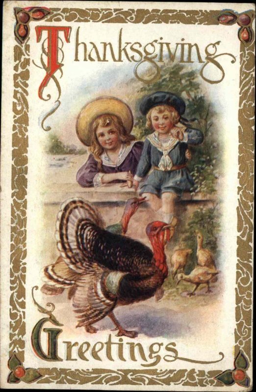 Thanksgiving Children with Turkey and Hatchlings c1910 Vintage Postcard