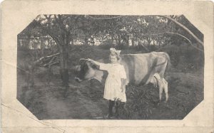 H91/ Occupational RPPC Postcard c1910 Pretty Girl Farmer Cow Farming 88