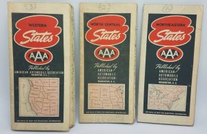 Lot of 3 1939 AAA Official Lithograph Road Maps: North Central, West & Northeast