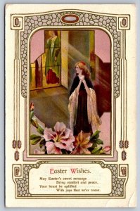 Easter Wishes Rhyme, Woman, Stained Glass Window, Philco Series Gelatin Postcard