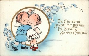 Whitney Little Boy Steals Kiss Under Mistletoe c1910 Vintage Postcard