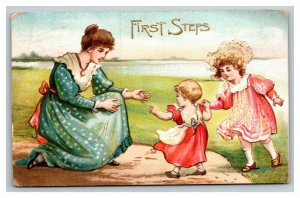 Vintage 1910 Comic Postcard Mother Watches Baby's First Steps CUTE