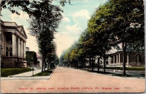Wayne Street Looking West, Public Library, Ft Wayne IN Vintage Postcard Q51