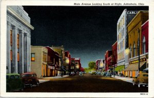 Postcard OH Ashtabula Main Avenue Looking South at Night Street View 1955 F14