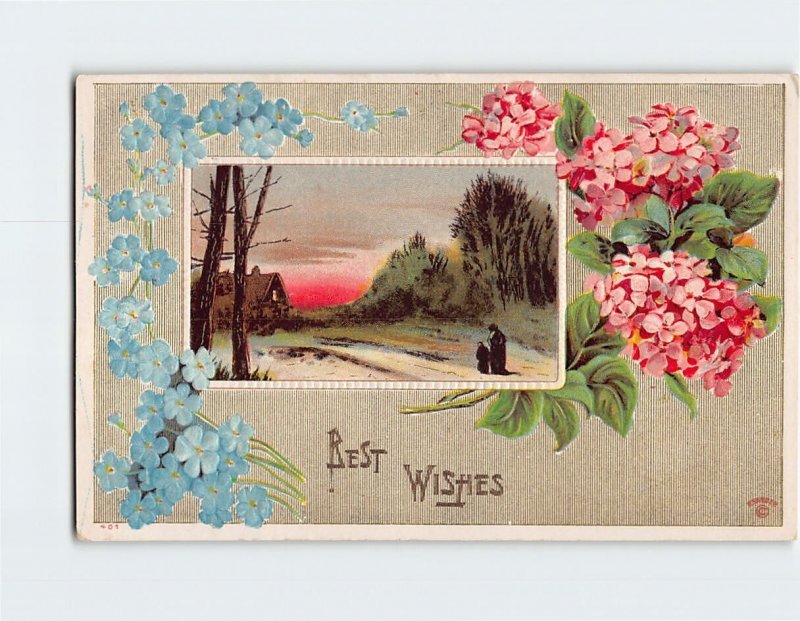 Postcard Best Wishes with Flowers Embossed Art Print