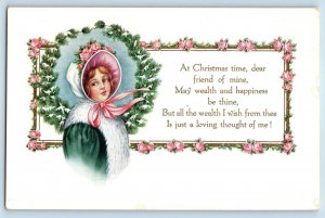 Christmas Postcard Girl Floral Bonnet Malden Massachusetts MA 1915 Antique