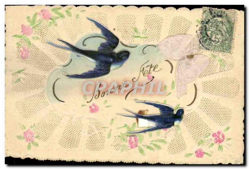 Old Postcard Swallow Fancy Embroidery Flowers