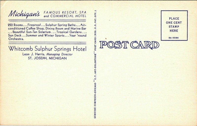 Whitcomb Sulphur Springs Hotel St Joseph Michigan MI Old Car Linen Postcard VTG 