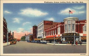 Bay City Michigan MI Washington Ave Bus Street Scene Linen Vintage Postcard