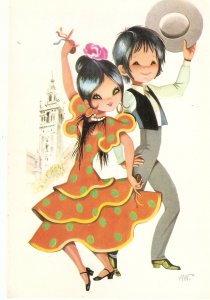 Couple. Dancing typical Spanish Dance Modern Spanish  art postcard. Signed