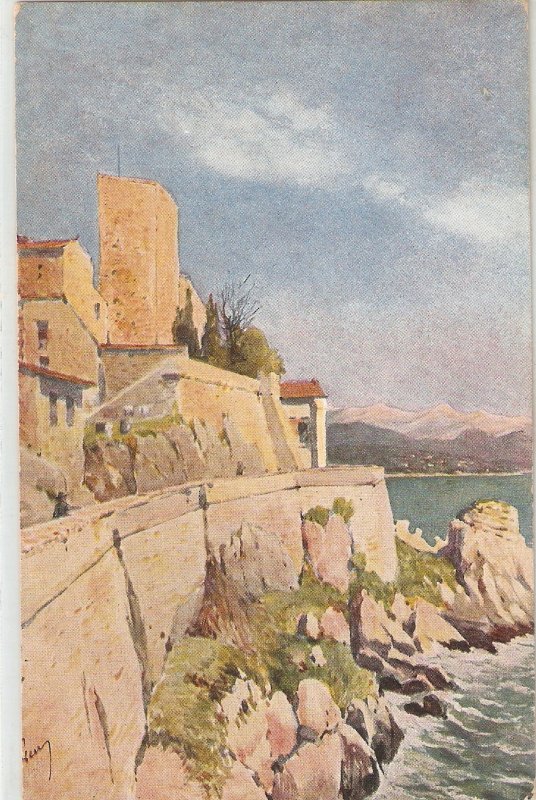 Landscape with castle, sea, mountains Nice old vintage postcard