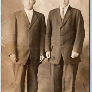 c1910s Two Young Men RPPC Portrait Gentleman Suit Classy Slick Hair Photo A255