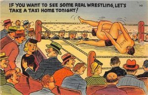 Wrestling Ring, Couple Risque Comic 1944 Linen Vintage Postcard