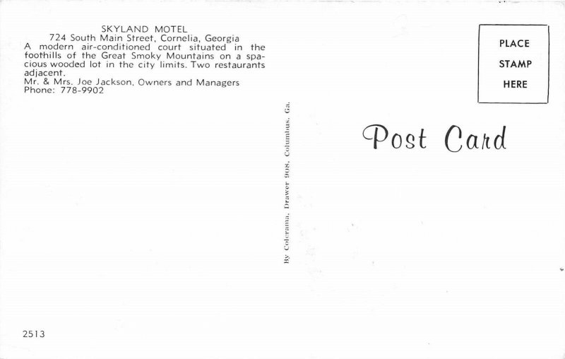 Cornelia Georgia 1960s Postcard Skyland Motel 