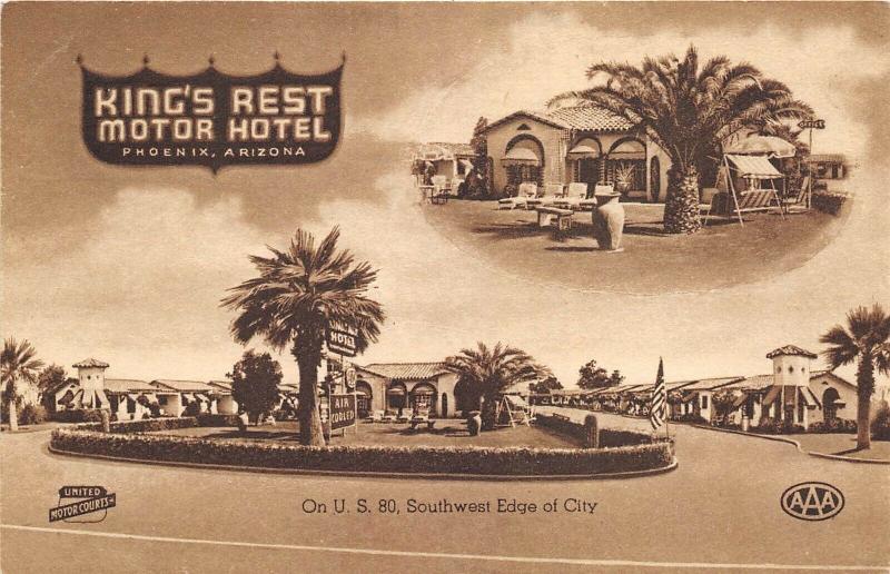 Phoenix Arizona 1940s Postcard king's Rest Hotel Motor Court Motel 