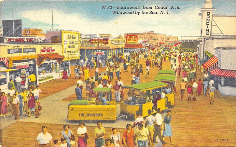 Wildwood-by-the-Sea NJ Boardwalk Shops Train Ice Cream Curt Teich Postcard 