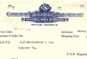 1947 CORBIN SUPPLY COMPANY GENERAL MILL SUPPLY MACON GA BILLHEAD INVOICE Z912