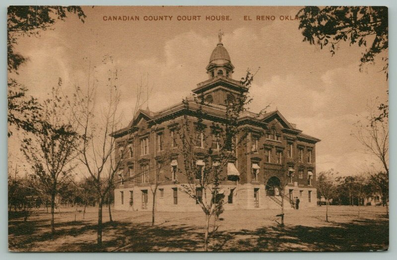 El Reno Oklahoma~Canadian County Courthouse~Statue Tops Dome~1912 Sepia PC