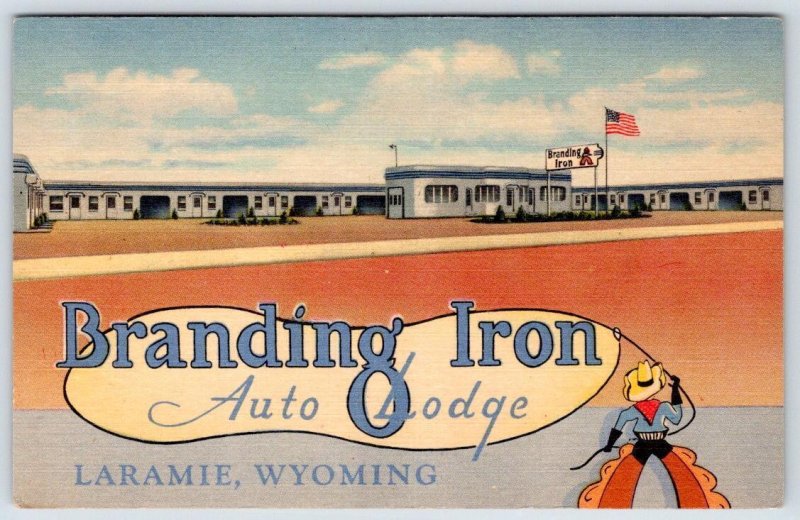 LARAMIE WYOMING BRANDING IRON AUTO LODGE COWBOY MOTEL ULTRA MODERN 1940's LINEN