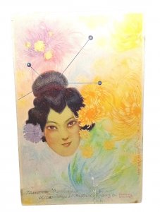 Beautiful Floral Japanese Lady Vintage Antique Art Painting Postcard C1906