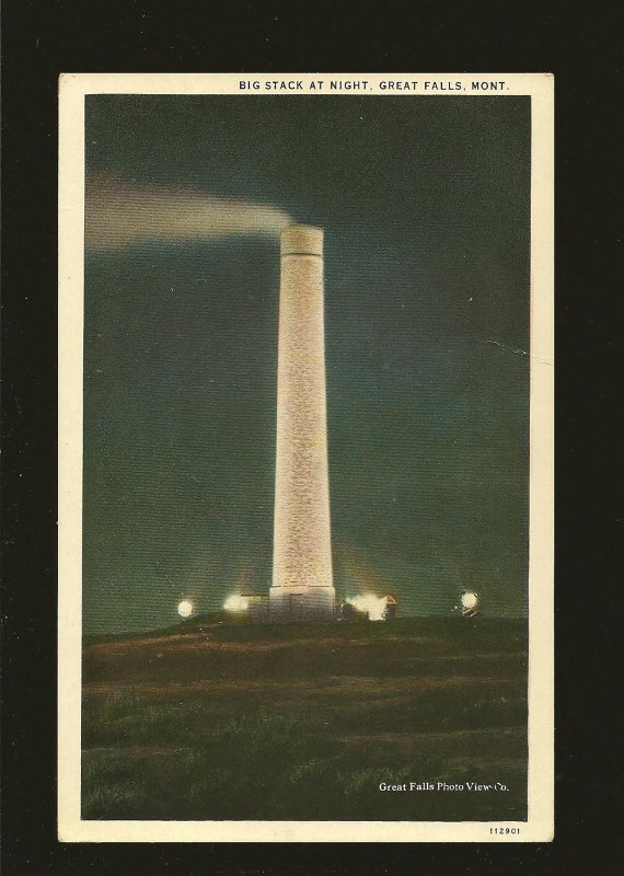 USA Postmark 1939 Great Falls Mont Big Stack at Night Great Falls Postcard