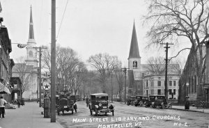 Montpelier VT Texaco Gas Sign Main Street Library & Churches Real Photo Postcard