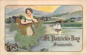 ST. PATRICK'S DAY HOLIDAY IRELAND WOMAN HARP SHIP EMBOSSED POSTCARD 1917 272