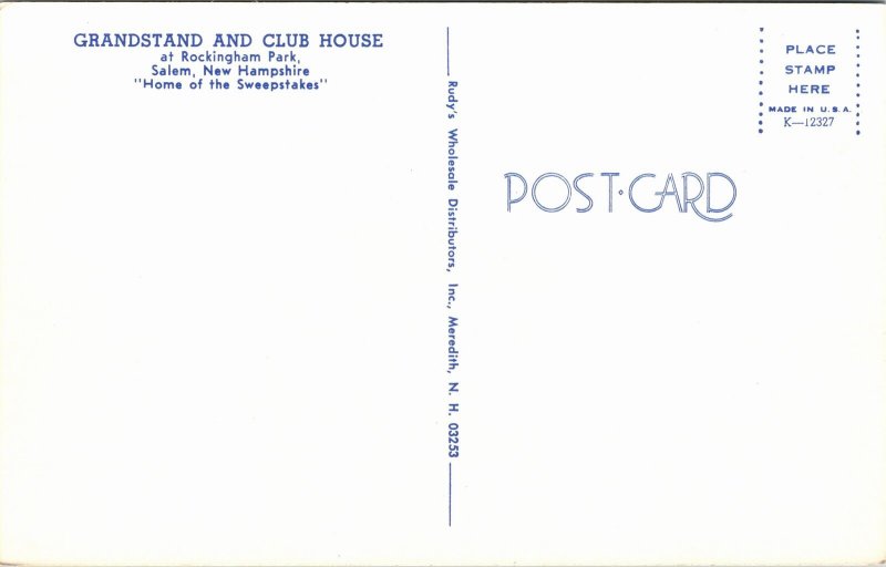 Postcard NH Salem Rockingham Park Grandstand and Club House