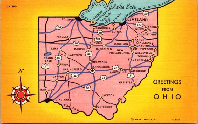 Linen Greetings Postcard Road Map of Ohio