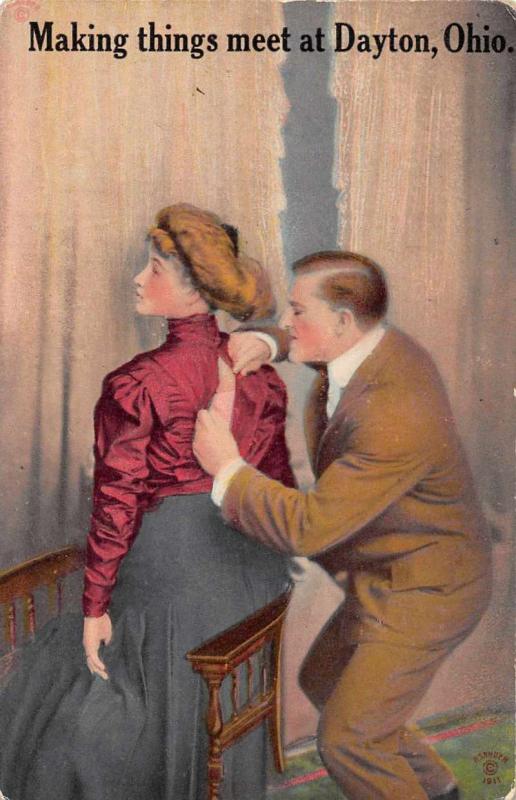 Dayton Ohio Greetings Man Buttoning Womans Dress Antique Postcard J70069