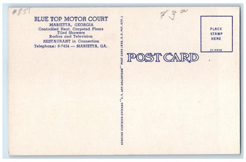 c1940's Blue Top Motor Court Roadside Marietta Georgia GA Vintage Postcard