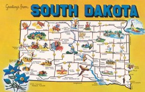 Greetings from South Dakota - The Coyote State - Map and State Flower Pasque