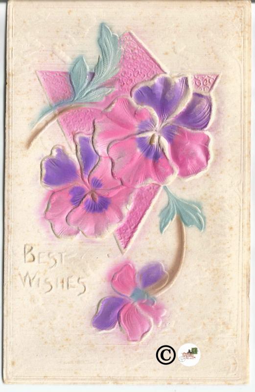 Old Novelty Postcard Heavily Embossed Pink and Purple Pansies Airbrushed