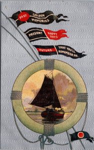 VINTAGE POSTCARD SAILBOAT FLAGLETS PAST MEMORIES PRESENT FUTURE PRINTED GERMANY