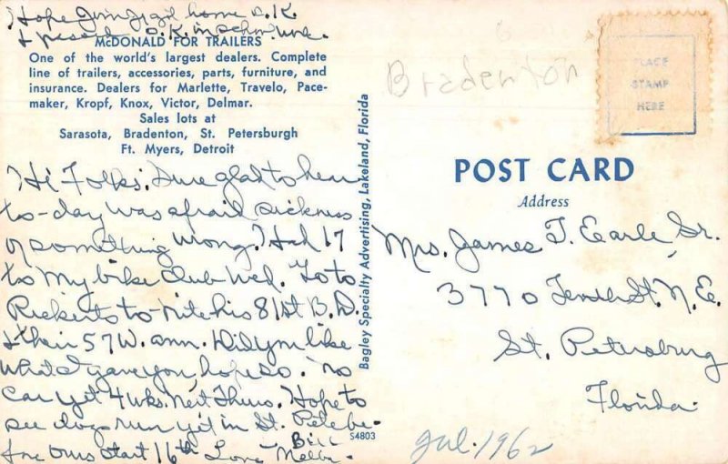 Bradenton Florida McDonald for Trailers Dealerships Vintage Postcard AA21290